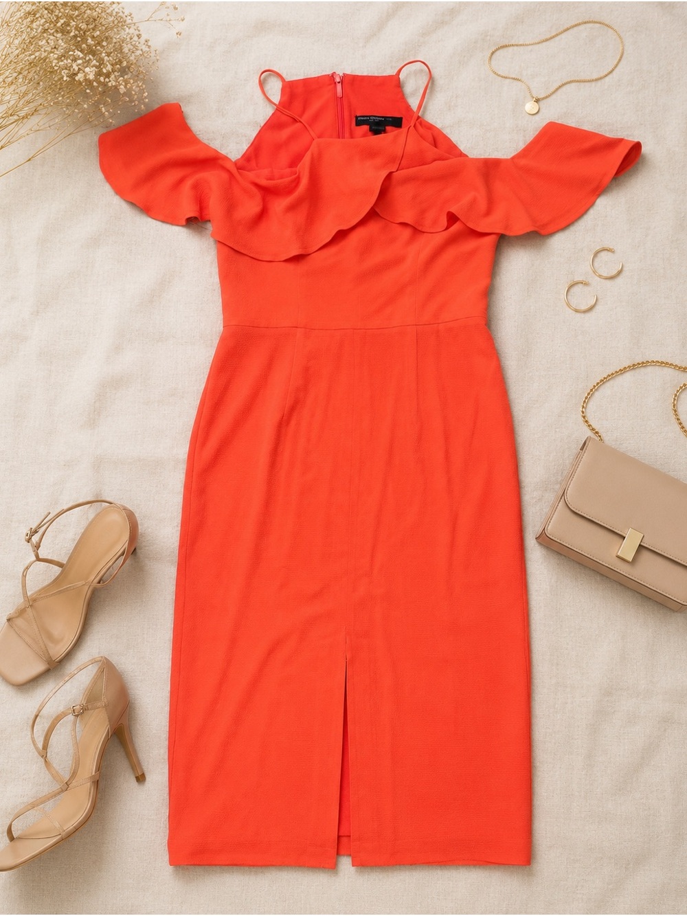 Maggy London Orange Cold-Shoulder Ruffle Midi Dress